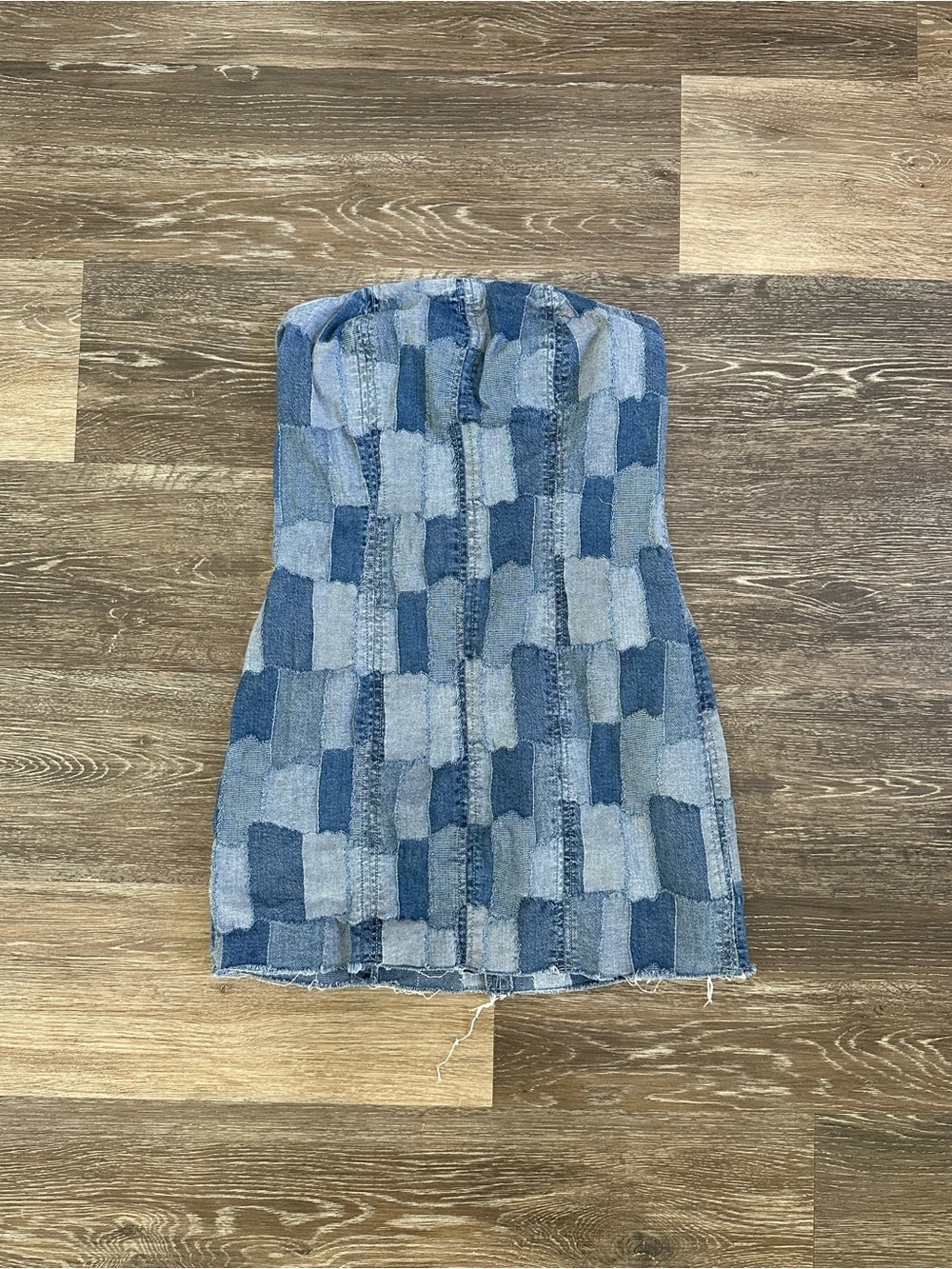 Wild Fable Denim Patchwork Tube Mini Dress Size S Blue Strapless Distressed